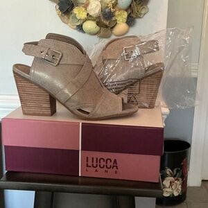 Lucca Lane Taupe Open-Toe Block Heel Sandals with Buckle Strap